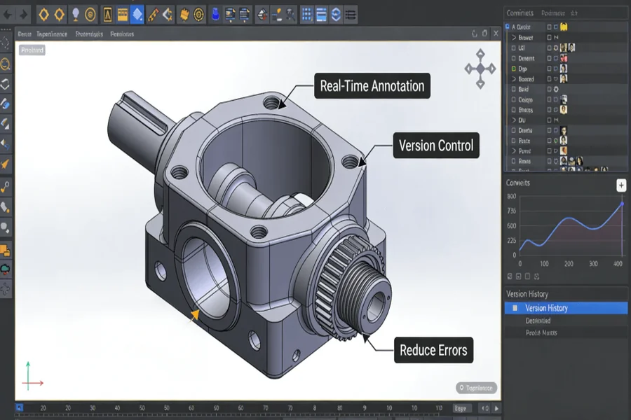 CAD model with digital annotations showing feedback comments and version history for prototype design iteration, emphasizing error reduction and traceability under ASME Y14.5.