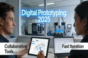Engineers using digital annotation tools for collaborative prototype design review in a modern manufacturing facility with 3D printers and CNC machines in background, highlighting real-time iteration and ISO 9001 compliance.