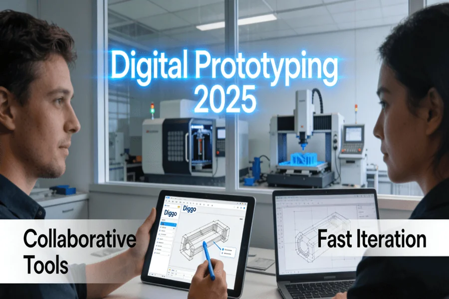 Engineers using digital annotation tools for collaborative prototype design review in a modern manufacturing facility with 3D printers and CNC machines in background, highlighting real-time iteration and ISO 9001 compliance.